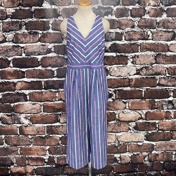 1901 Striped Jumpsuit Wide Leg V-Neck Blue Pink Size 10 - Picture 5 of 17